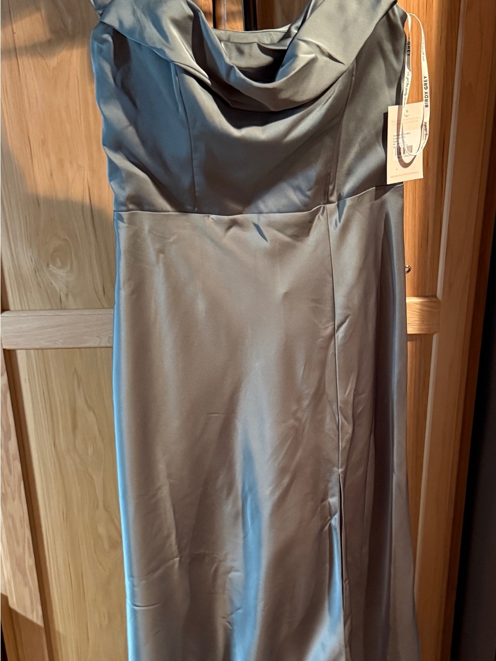 Birdie Grey Satin Cowl-Neck Midi Dress in Slate